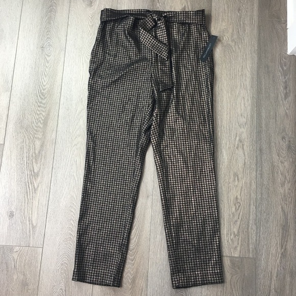 NWT Meg & Margot Slip On Straight Leg Herringbone Tie Waist Pants Black L - Picture 1 of 7